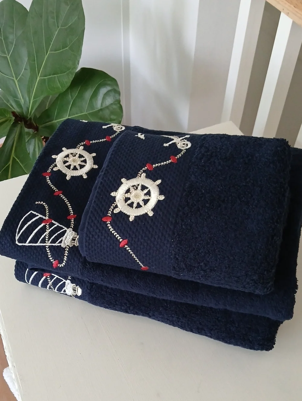 Navy Blue Bath Hand Towels Embroidered Anchor Steering Wheel Lighthouse Rope (3)